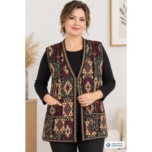 Bulut Teks Kilim Desenli Akay 3 Düğmeli 2 Cepli Anne Bayan Kışlık Yelek Şık ve Sıcak Tutan Kadın Yelek