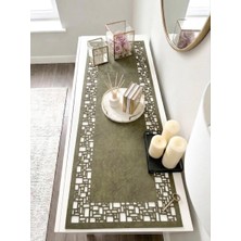 Ergüven Home Yeşil Süet Kumaş Runner 40X120 cm Konsol Boyu -Geometrik Dörtgen Desen