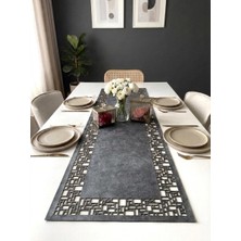 Ergüven Home Koyu Gri Süet Kumaş Runner 40X140 cm Masa Boyu -Geometrik Dörtgen Desen