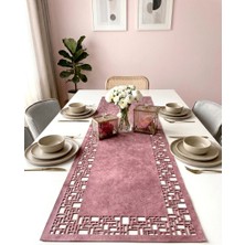 Ergüven Home Pembe Süet Kumaş Runner 40X140 cm Masa Boyu -Geometrik Dörtgen Desen