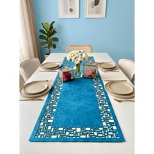 Ergüven Home Mavi Süet Kumaş Runner 40X140 cm Masa Boyu -Geometrik Dörtgen Desen