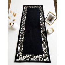 Ergüven Home Siyah Süet Kumaş Runner 40X100 cm Sehpa Boyu -Geometrik Dörtgen Desen