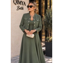 Qimya Butik Buketli Kadın Sahte Cepli Çıtçıtlı Uzun Kol Hırkalı Kolsuz V Yaka Uzun Basic Elbise