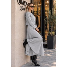 Qimya Butik Buketli Kadın Sahte Cepli Çıtçıtlı Uzun Kol Hırkalı Kolsuz V Yaka Uzun Basic Elbise