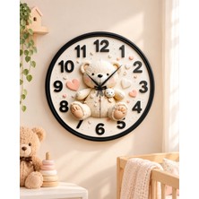 Renkli Baskı Ayıcık Çocuk Desenli Sayılı Hediyelik Ahşap Sessiz Duvar Saati 45CM