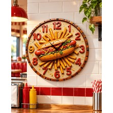 Renkli Baskı Büfe Sosis Yemek Desenli Sayılı Hediyelik Ahşap Sessiz Duvar Saati 45CM