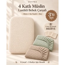Zeypba 4 Katlı Müslin Bebek Beşik Çarşafı 3lü (Ekru-Suyeşil-Bej) – %100 Pamuk 50X90CM (3 Adet)