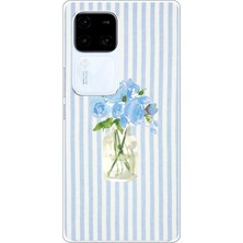 TechTree Vivo V30 Uyumlu Mavi Çizgili Sulu Boya Çiçek Baskılı Silikon Kılıf