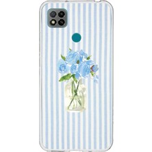 TechTree Redmi 9c / 10A Uyumlu Mavi Çizgili Sulu Boya Çiçek Baskılı Silikon Kılıf