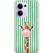 TechTree Oppo Reno 13F Uyumlu Yeşil Çizgili Sakız Şişiren Zürafa Baskılı Silikon Kılıf