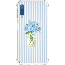 TechTree Samsung Galaxy A7 2018 Uyumlu Mavi Çizgili Sulu Boya Çiçek Baskılı Silikon Kılıf