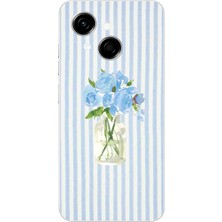 TechTree Tecno Spark Go 1 Uyumlu Mavi Çizgili Sulu Boya Çiçek Baskılı Silikon Kılıf