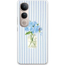TechTree Vivo V50 Lite Uyumlu Mavi Çizgili Sulu Boya Çiçek Baskılı Silikon Kılıf