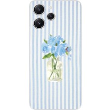 TechTree Redmi 12 Uyumlu Mavi Çizgili Sulu Boya Çiçek Baskılı Silikon Kılıf