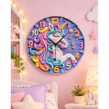 Renkli Baskı At Çocuk Desenli Sayılı Hediyelik Ahşap Sessiz Duvar Saati 45CM