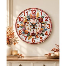 AA Shop Çiçek Kabartma Görünümlü Ahşap Renkli Baskı Desenli Yuvarlak Duvar Saati Modern Tasarım 45CM