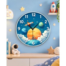 Çocuk Odası Uzay Renkli Baskı Desenli Sayılı Hediyelik Ahşap Sessiz Duvar Saati 45CM