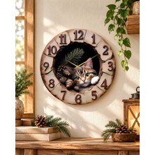 Ahşap Kabartma Görünümlü Renkli Baskı Kedi Desenli Sayılı Hediyelik Ahşap Sessiz Duvar Saati 45CM