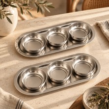 Sarkap Home 2'li 16X35 cm Oval Tepsi 6'lı 10X3,2 cm Çerezlik Sunumluk Seti - Silver