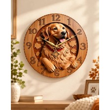Ahşap Renkli Baskı Golden Köpek Desenli Kabartma Görünümlü Hediyelik Ahşap Sessiz Duvar Saati 45CM