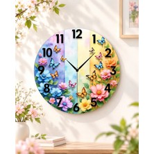 AA Shop Çiçek Renkli Baskı Desenli Sayılı Hediyelik Ahşap Sessiz Tablo Duvar Saati