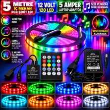 Powerr Led Aydınlatma 5m 12V 120 Ledli Iç Mekan Rgb Şerit LED 5A Laptop Adaptör Sese ve Müziğe Duyarlı Rgb Kumandalı Set