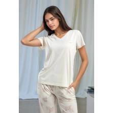 Pierre Cardin Kadın Kısa Kol T-Shirt & Çiçek Desenli Uzun Pantolon Pijama Takımı