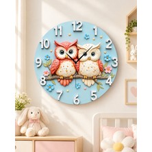 AA Shop Baykuş Çocuk Hayvan Renkli Baskı Desenli Sayılı Hediyelik Ahşap Sessiz Tablo Duvar Saati