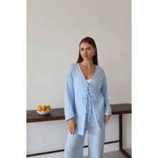 Kadın Müslin Kumaş Bağlama Detaylı Oversize Alt Üst Takım
