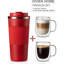 Vivien Home Termos Kahve Keyif Seti 1 Adet Kırmızı Aerolight Seyahat Termosu ve 2’li Çift Cidarlı Cam Bardak