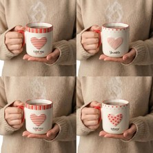 Str Store Kalp Kulplu ve Desenli Porselen Kupa - 4 Farklı Romantik Modelden Biri (Sürpriz/asorti) - Sevgililer Günü ve Özel Gün Hediyesi Kahve Bardağı