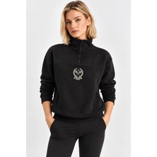 Mevese Kadın Sıcak Tutan Polarlı Yarım Fermuarlı Crop Sweatshirt- Siyah