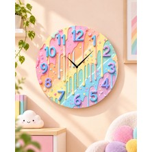 AA Shop Renkli Baskı Desenli Ahşap Yuvarlak Tablo Duvar Saati Modern Tasarım 45 x 45 cm