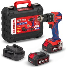Workpro WP390020 20VOLT 4.0AH Li-Ion 65NM. Çift Akülü Kömürsüz Profesyonel Şarjlı Darbeli Matkap