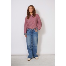 Nisan Triko Oversize Yarasa Kol Çizgili Triko Bluz