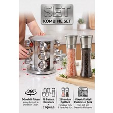 ALOHA EQ QUALITY Baharatlık Seti 12 Li Döner Stantlı Baharatlık ve 2 Adet Çelik Kapaklı Tuz Karabiber Değirmeni Seti