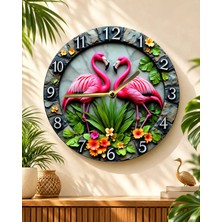 AA Shop Flamingo Pembe Hayvan Renkli Baskı Desenli Sayılı Hediyelik Ahşap Sessiz Tablo Duvar Saati 687