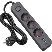 EstoreBox S-Link SPG03U 2 USB + 1 Type C 5V2.4A 3x1.0mm Bakır 1.5m Kablo 750 Joule 3'lü Anahtarlı Siyah Akım