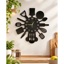AA Shop Siyah Ahşap Mutfak Desenli Dekoratif Duvar Saati 50CM Sessiz Mekanizma ile