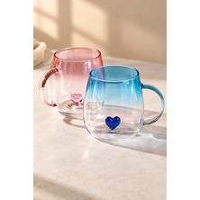 Love 2'li Kalp Detaylı Cam Aşk Kupa Seti 400 ml – Pembe ve Mavi