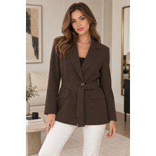 Lima Acı Kahve Kadın Kuşaklı Blazer Ceket Klasik Yaka Tek Düğmeli Cepli Şık Ceket