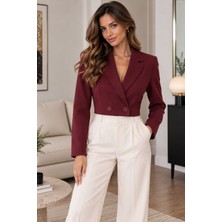 Lima Bordo Kadın Crop Blazer Ceket Kruvaze Yaka Çift Düğmeli Kısa Ceket