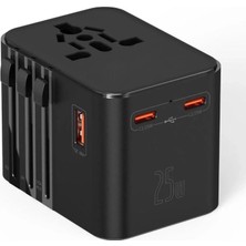 Hace Bazaar 25W Evrensel Seyahat Adaptörü, Eu/us/uk/au Priz Dönüştürücü, 1x Usb, 2x Type-C Hızlı Şarj