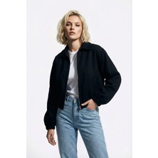 Ceylen Kadın Oversize Pamuklu Gabardin Klasik Yaka Fermuarlı Casual Ceket Mont