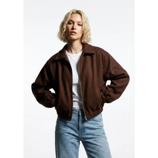 Ceylen Kadın Oversize Pamuklu Gabardin Klasik Yaka Fermuarlı Casual Ceket Mont