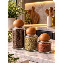 Pembelia Life 3’lü Ahşap Top Kapaklı Lüx Cam Kavanoz Seti Akasya Kapak Saklama Kabı Çay Şeker Kahve Kavanoz Set