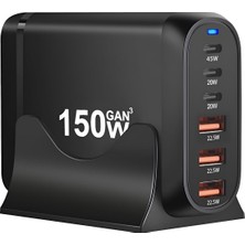 Çoklu Şarj Istasyonu Gan 150W - 6 Portlu Masaüstü Hızlı Şarj Cihazı (4x Type-C 100W/20W, 2x Usb-A 18W) Macbook, Laptop, iPhone 15/14, iPad ve Android Uyumlu Akıllı Şarj Adaptörü