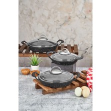 Polochef Chef ISS-122 6 Parça Granit Döküm Sahan Seti - Cam Kapaklı Kızartma Yumurta Tavası - 18 20 22 cm