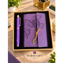 Tubas Gift Yaprak Baskılı Deri Defter Kalem Seti Özel Kutulu Metal Touchpen Kalemli Şık Tasarım Not Defteri Seti