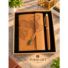Tubas Gift Yaprak Baskılı Deri Defter Kalem Seti Özel Kutulu Metal Touchpen Kalemli Şık Tasarım Not Defteri Seti
